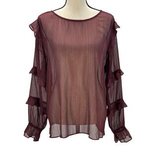 ON-34th Long Tiered Ruffle Sleeve Sheer Blouse - Maroon Red - size XL